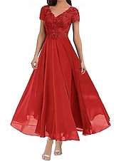 preiswerte Bodenlänge-A-Linie Brautmutterkleid Elegant V Ausschnitt Bodenlang Polyester Kurzarm mit Einfarbig 2025