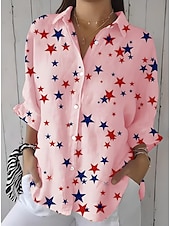 cheap Independence Day Top-Independence Day Women&#039;s Patriotic Fourth of July Shirt Graphic Flag Star Vintage Tropical Daily Long Sleeve Shirt Collar Regular Tops Work Daily Buttons Print White Pink Blue Summer Spring