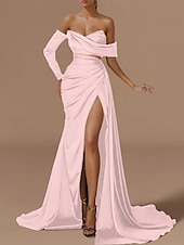 cheap GREEN-Beach Wedding Mermaid Evening Gown Sexy Dress Formal Wedding Guest Floor Length Long Sleeve Off Shoulder Satin with Ruched Slit Masquerade Dress