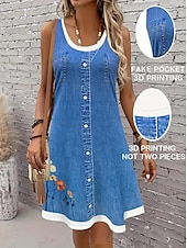 preiswerte Blumenkleider-Damen Minikleid Sommerkleid A Linie Kleid Urlaub Lässig Täglich Normale Passform Blumen Grafik Ärmellos U-Ausschnitt Blau Dunkelblau Sommer