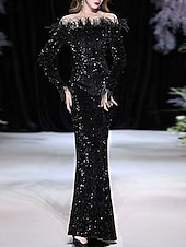 cheap BLACK-Mermaid / Trumpet Quinceanera Dresses Elegant Dress Formal Wedding Floor Length Long Sleeve Off Shoulder Sequined with Sequin