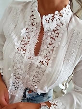 abordables Hauts en dentelle-Femmes Chemisier Hauts en dentelle Uni Élégant Moderne manche longue Col en V Hauts Réguliers Fête Sortir Dentelle Blanche Été