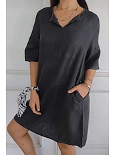 abordables concevoir des robes en coton et lin-Femmes Mini Robe Robes en coton et lin Robe Décontractée Robe d&#039;été Basique Moderne Quotidien Week-end Coupe régulière Uni Manche 3/4 Col en V Noir Blanche Marron Gris Été