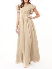 baratos Vestidos para Madrinhas-Vestido de dama de honra em corte A, gola redonda, manga longa, elegante, longo, chiffon com pregas / franzido 2025