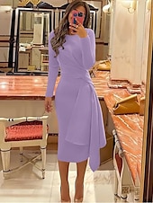 economico Abiti da cocktail-Abiti da cocktail scivolati per matrimoni in spiaggia abito elegante formale autunno lunghezza ginocchio manica lunga scollo gioiello tessuto elasticizzato con pieghe abiti Derby arricciati 2025