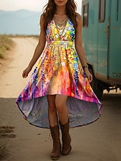 tanie Sukienki boho-Damskie Sukienka midi Sukienka A line Letnie sukienki Urlop Codzienny Boho Wyjściowe Plaża Regularny Kwiaty Graficzny Bez rękawów W serek Niebieski Fioletowy Pomarańczowy Zielony Lato Wiosna