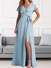 cheap Bridesmaid Dresses-A-Line Bridesmaid Dress V Neck Short Sleeve Elegant Floor Length Chiffon with Sash / Ribbon / Ruffles / Split Front