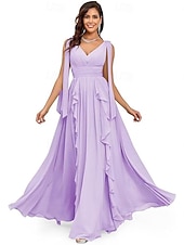 baratos Vestidos de Noite-Vestidos de Quinceanera A-Line Vestido Elegante Performance Natal Comprimento do Chão Sem Mangas Decote V Chiffon Costas Nuas com Pregas