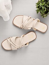 cheap Dress Sandals-Women&#039;s White Strappy Flat Sandals with Crisscross Design - Minimalist Slip-On Summer Shoes for Casual Dates and Everyday Outfits