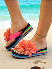 voordelige Slide Sandalen-Regenboog platform slippers voor dames met grote roze bloem, kleurrijke strandsandalen voor vakantie, tieners en jongvolwassenen, zomerse casual stijl