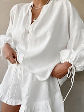 voordelige Stelt in-Dames Actief Overhemd Blouse Shorts Sets Lange mouw V-hals Effen Kleur Met ruches Buiten Feestdagen Wit Blozend Roze Zwembad Zomer Normale pasvorm