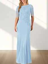 voordelige Vloerlengte-Zeemeermin  Trompet Moeder Van De Bruid Jurk Bruiloft Gast Elegante Crew Hals Vloerlengte Chiffon Halve Mouw Met Applicaties