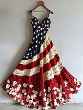 cheap Independence Day Dress-Independence Day Women&#039;s Patriotic Fourth of July Maxi Dress Sundress A Line Dress Slip Dress Vacation Casual Going out Beach Regular Fit Graphic National Flag Sleeveless V Neck Red Summer Spring