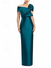 abordables Robes de cocktail-Robe de Soirée Fourreau  Colonne Élégante Robe Formelle Mariage Longueur de Sol Manches Courtes Épaule Dénudée Satin avec Nœud(s)
