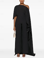 cheap Mom&#039;s Jumpsuits-Jumpsuit Mother of the Bride Dress Elegant Simple Casual One Shoulder Floor Length Spandex Stretch Fabric Sleeveless with Cascading Ruffles Solid Color
