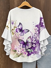 economico Top Floreali-Blusa da Donna con Maniche a Ruffle a Strati Grafica Floreale Farfalla Bohemia Vintage Tropicale Maniche a 3/4 Collo a V Maglietta Regolare Abbigliamento Estivo Primaverile per Vacanze Stampa Gialla