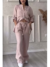 economico Imposta-Completo da donna 100% cotone cotone lino camicia a maniche lunghe colletto tinta unita attivo basic casual quotidiano nero bianco giallo estivo vestibilità regolare