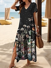 cheap Floral Dress-Women&#039;s Maxi Dress Casual Dress Sundress A Line Dress Vacation Casual Beach Regular Fit Floral Graphic Butterfly Short Sleeve V Neck Black White Pink Summer Spring