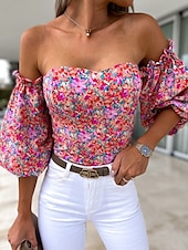preiswerte Damen Grafik Tops-Damen Boho-Hemd Bluse Blume Modern Boho Langarm Schulterfrei Normale Oberteile Täglich Ausgehen Druck Erröten Sie Rosa Rosa Wein Rote Purpur Sommer