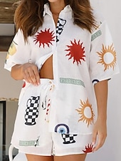 abordables Ensembles-Femmes Mode Streetwear Chemises en coton et lin Ensembles en coton et lin Ensembles de Shorts Manche Courte Col de chemise Impression Imprimé Tenue quotidienne Date Blanche Rose Claire Rouge Été