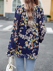 billige Boho topper-Dame Boho skjorte Bluse Blomsternål i krystall Moderne Bohem Langermet V-hals Vanlige topper Daglig Ut på byen Trykt mønster Svart Navyblå Blå Aprikos Sommer