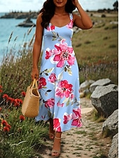 ieftine Rochii florale-Pentru femei Rochie Maxi Rochie A line Rochie cu umeri Vacanță Casual Stiluri de Plajă Petrecere Fit regulat Floral Grafic Fără manșon Pătrat Negru Alb Albastru piscină Trifoi Vară Primăvară