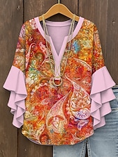 levne Dámské boho topy-Dámské Halenka Grafika Kašmírový vzor Elegantní Čechy Geleneksel 3/4 délka rukávu Do V Běžné topy Denní Dovolená Oblečení na dovolenou Volány Tisk Rubínově červená Vodní modrá Fialová Oranžov