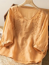 ieftine Cămăși-Cămașă de damă din bumbac și in, model floral, simplu, etnic, casual, mânecă 3/4, decolteu în V, croială regulată, topuri, zi de zi, brodat, galben, albastru marin, violet, portocaliu, caisă, vară
