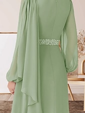abordables Longueur du plancher-Robe A-Ligne pour Mère de la Mariée Invité de Mariage Élégante Col Arrondi Longueur Sol Chiffon Manches Longues avec Perles Ruché