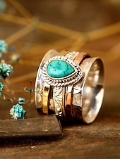billige Kvinneringer-Boho turkis statementring til dame – vintage sølvfarget flerbåndsdesign med dråpeformet stein for hverdagsbruk, reise og festivalbruk
