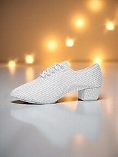 preiswerte Lateinamerikanische Schuhe-Weiße Mesh-Latein-Tanzschuhe für Damen mit niedrigem, klobigem Absatz und funkelnden Strasssteinen – atmungsaktives, professionelles Standardschuhwerk für Künstler und Wettbewerbe