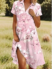 preiswerte Blumenkleid-Damen Midikleid A Linie Kleid Sommerkleid Urlaub Lässig Strand Date Sommerkleid Normale Passform Blumen Grafik Kurzarm Revers Rosa Rote Blau Fuchsie Sommer