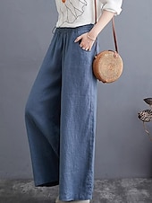 abordables Pantalón liso de lino y algodón-Mujer Pantalones de lino y algodón pantalones Ropa de calle Casual Longitud total Cintura Media Plano Bolsillo Cintura elástica Al Aire Libre Cómodo Ropa Cotidiana Noche Albaricoque Negro Azul Morado