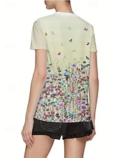 abordables T-shirt floral-Femmes T-shirt Hauts d&#039;été Fleuri Papillon Classique Occasionnel Manche Courte Col ras du cou Hauts courts Quotidien Week-end Imprimé Jaune Vert Claire Violet Été Printemps Automne