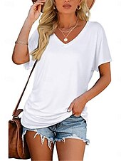 billige Plain t-skjorte-Dame Bluse Helfarge Stilfull Fritid Kortermet V-hals Vanlige topper Daglig Hvit Rosa Lilla Grå Sommer