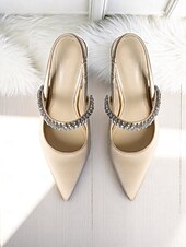 baratos cocktail-Sapatos de salto alto slingback de cetim champanhe com strass - elegantes saltos agulha de bico fino para coquetéis e ocasiões formais