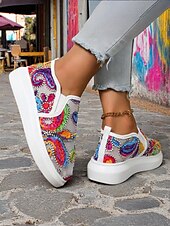 billige Sneakers til kvinner-Broderte slip-on sneakers til dame – fargerikt paisley-design med komfortabel såle, ideell for hverdagsbruk og trendy antrekk