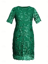 baratos Comprimento do chá-Vestido Plus Size Mãe da Noiva Vestido Curves Elegante Decote Cano Comprimento do Chá Renda Manga Curta com Cor Sólida