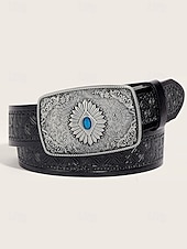 abordables Ceintures pour hommes-Ceinture western en similicuir pour homme avec boucle gravée vintage et pierre précieuse bleue, style cowboy pour rodéo, événements en plein air et tenue décontractée