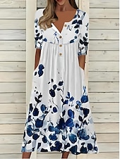 preiswerte Blumenkleid-Damen Midikleid Sommerkleid Faltenkleid Urlaub Lässig Strand Ferien Normale Passform Blumen Grafik Kurzarm Rundhalsausschnitt Weiß Blau Leicht Blau Sommer