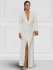 cheap Floor Length-Blazer Dress Mermaid / Trumpet Evening Gown Elegant Dress Pinstripe Tuxedo Dress Zipper Up Wedding Guest Formal Floor Length Long Sleeve Peak lapel collar Satin with Pocket 2025