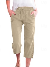 baratos Calça de linho de algodão simples-Mulheres Calças de linho de algodão Calças Capri Calças Moda Roupa de rua Comprimento da panturrilha Natural Tecido Bolsos Design de cordão elástico Confortável Exterior Rua Para Noite clarete Azul