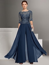 abordables Combinaisons pour maman-Combinaison deux pièces  tailleur mère de la mariée invitée de mariage église élégante petite décolleté bateau longueur sol chiffon manches mi-longues avec appliqués taille personnalisée gratuite