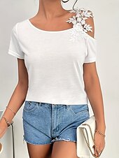 preiswerte Einfarbiges T-Shirt-Damen T Shirt Einfach Mode Modern Lässig Kurzarm V Ausschnitt Normale Oberteile Täglich Wochenende Patchwork Bestickt Schwarz Weiß Braun Grün Sommer Frühling