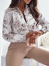 preiswerte Boho Tops-Damen Hemd Boho-Hemd Bluse Blume Modern Boho Langarm Hemdkragen Normale Oberteile Ferien Ausgehen Druck Weiß Königsblau Blau Braun Khaki Sommer