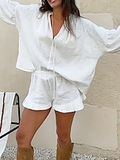 voordelige Stelt in-Dames Actief Overhemd Blouse Shorts Sets Lange mouw V-hals Effen Kleur Met ruches Buiten Feestdagen Wit Blozend Roze Zwembad Zomer Normale pasvorm