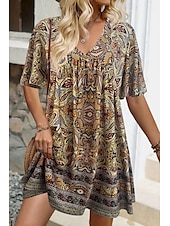 tanie Sukienki kwiatowe-Damskie Sukienka mini Sukienka A line Letnie sukienki Urlop Codzienny Boho Codzienny Święto Regularny W Tureckie Wzory Krótki rękaw W serek Żółty Fioletowy Lato
