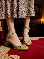 abordables Barroco &amp; Declaración-Tacones de bloque bordados barrocos de mujer estilo real dorado inspirado en el Gatsby de los años 1920 con adornos de piedras preciosas para ocasiones formales escénicas y de vestuario