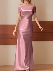 abordables Champagne-Robe de soirée fourreau Élégante Robe formelle de performance Longueur de sol Manches courtes Off-shoulder Satin glossy