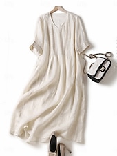 ieftine proiectează rochii din bumbac și in-Rochie midi din bumbac și in pentru femei, rochie tip A, rochie de vară, casual, croială regulată, simplă, mânecă scurtă, guler rotund, alb, albastru, violet, verde, vară